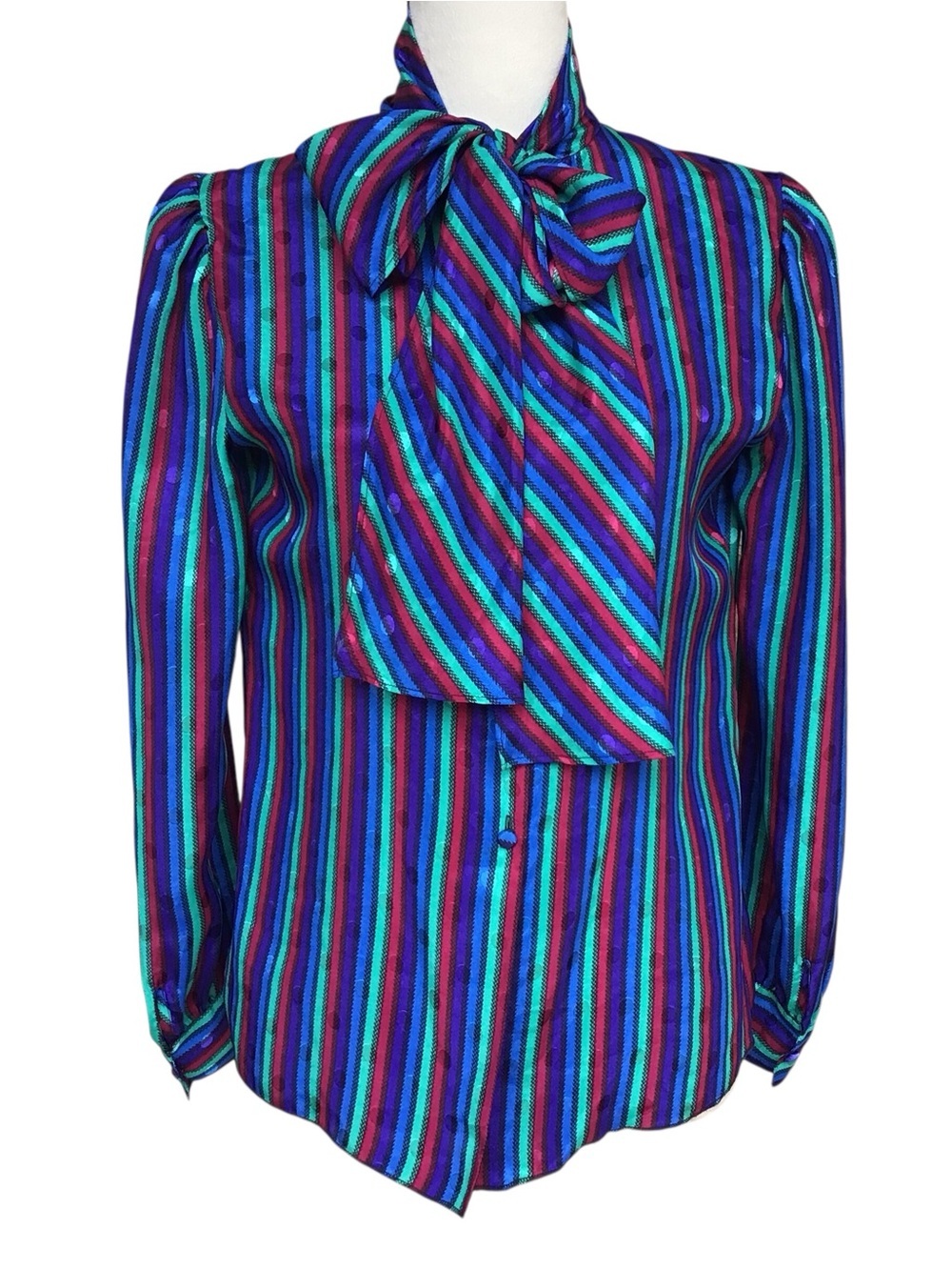 St John Vintage Striped Tie Neck Button Up Long Sleeve Blouse